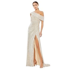New! Mac Duggal One Shoulder Nude Silver Gown Sz 8